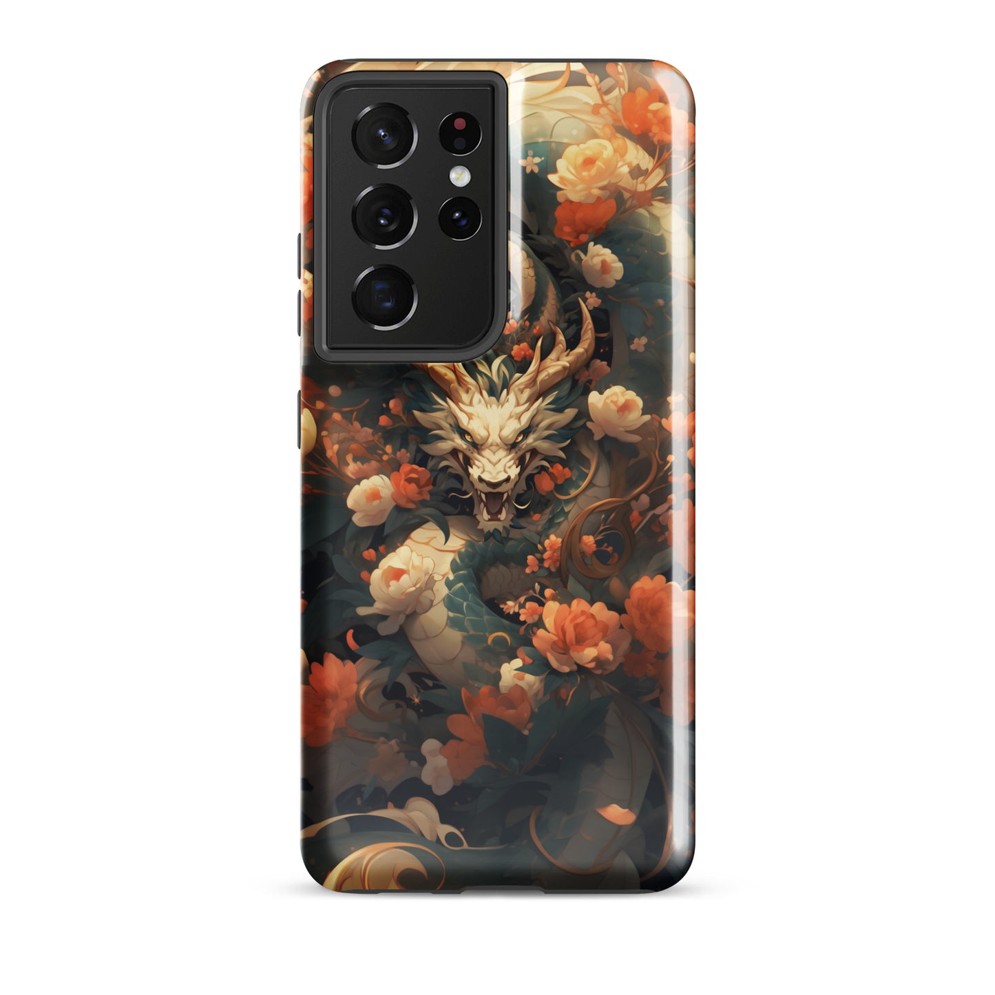 Coque solide pour Samsung® "Dragon blanc et fleurs"