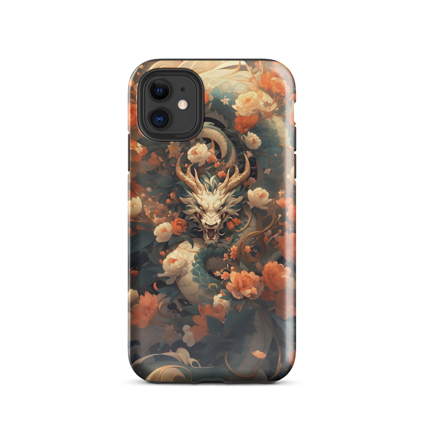 Coque d'iPhone® rigide "Dragon blanc et fleurs"