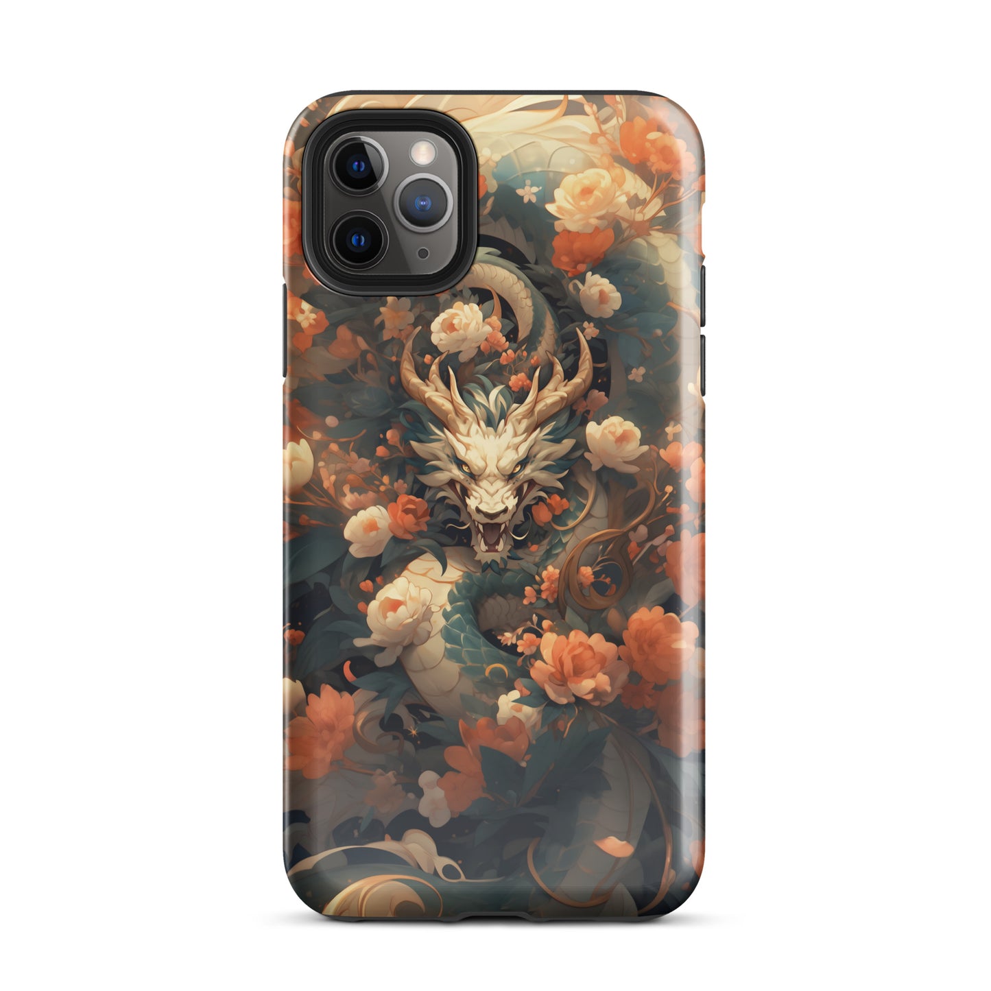 Coque d'iPhone® rigide "Dragon blanc et fleurs"