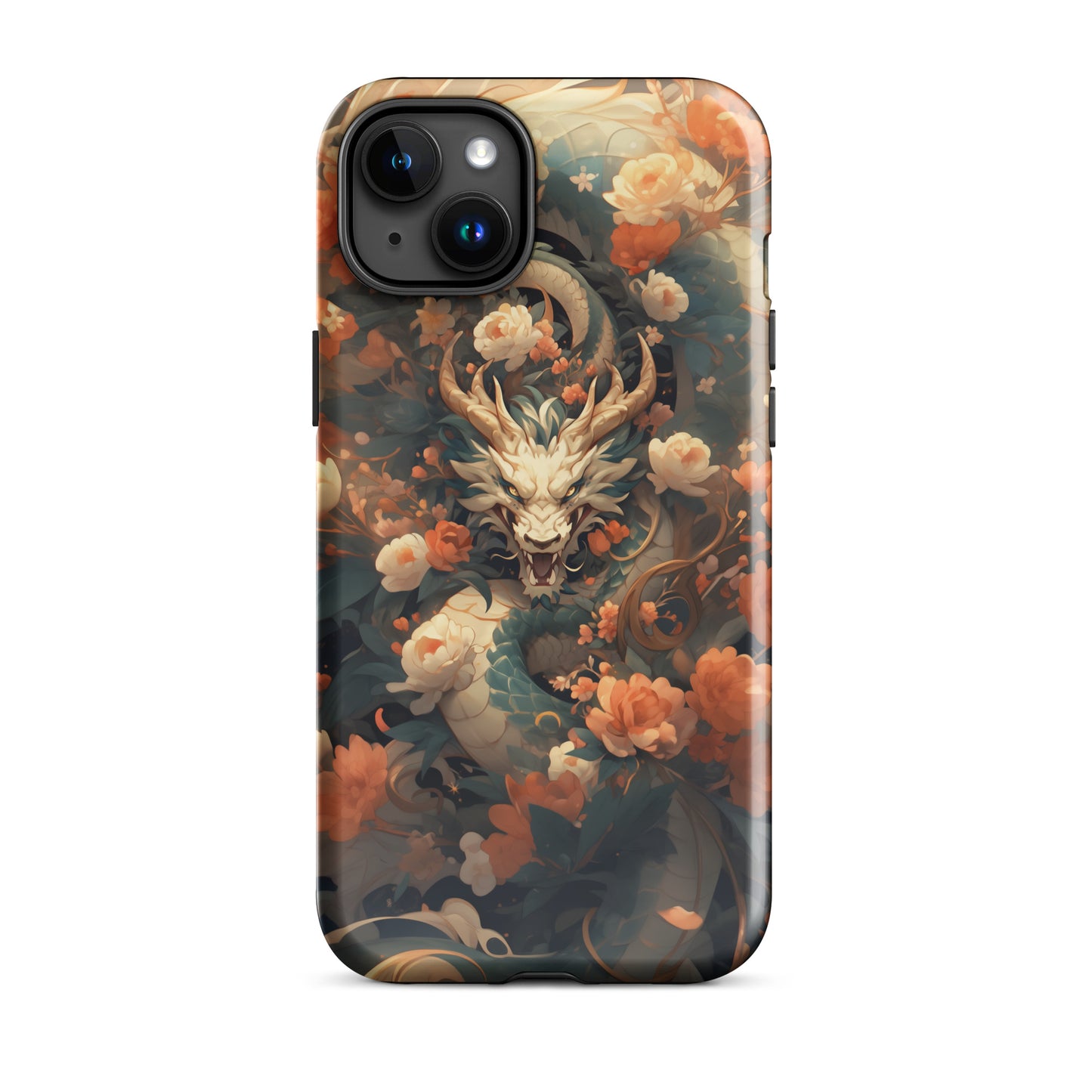 Coque d'iPhone® rigide "Dragon blanc et fleurs"