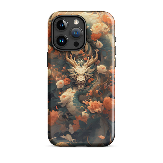 Coque d'iPhone® rigide "Dragon blanc et fleurs"