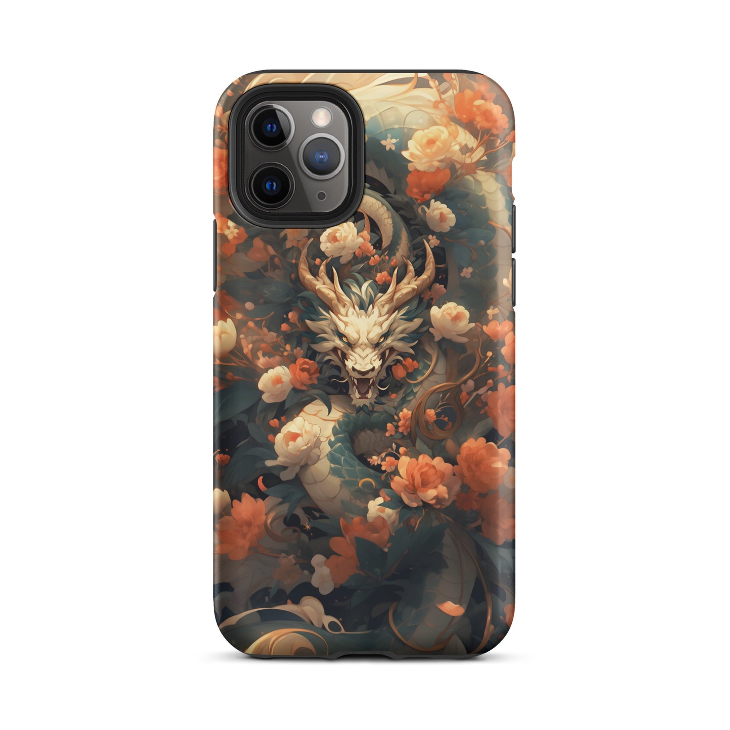 Coque d'iPhone® rigide "Dragon blanc et fleurs"