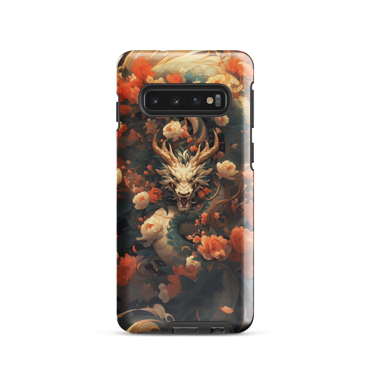 Coque solide pour Samsung® "Dragon blanc et fleurs"