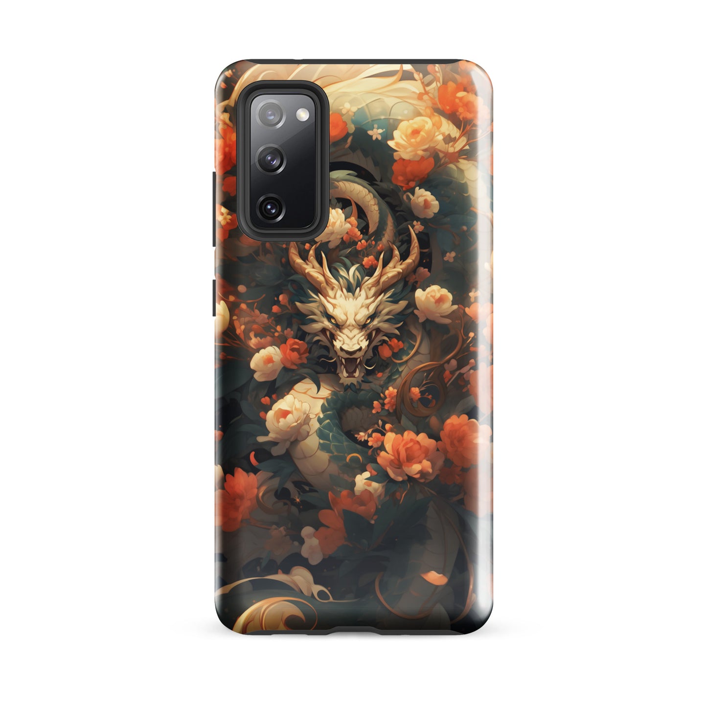 Coque solide pour Samsung® "Dragon blanc et fleurs"