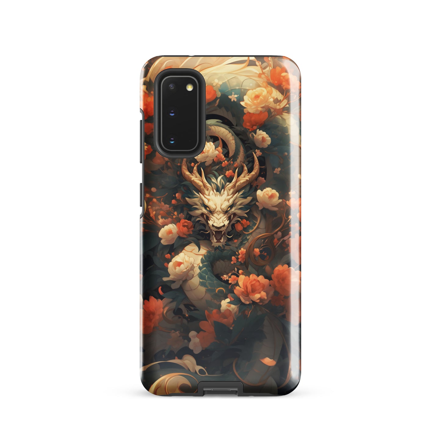 Coque solide pour Samsung® "Dragon blanc et fleurs"