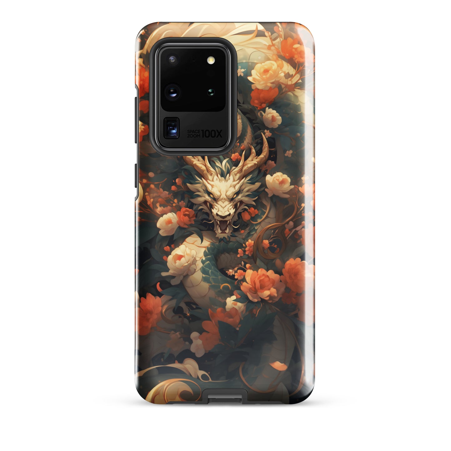 Coque solide pour Samsung® "Dragon blanc et fleurs"