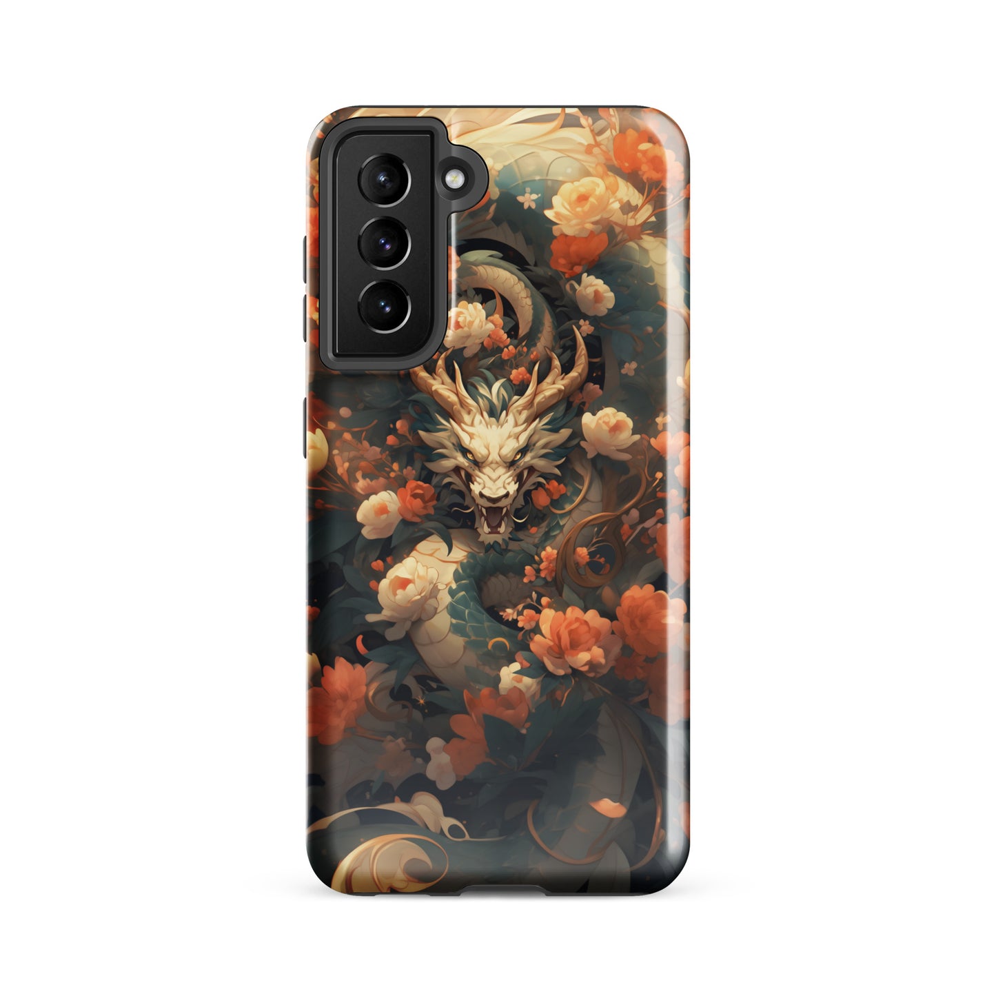 Coque solide pour Samsung® "Dragon blanc et fleurs"