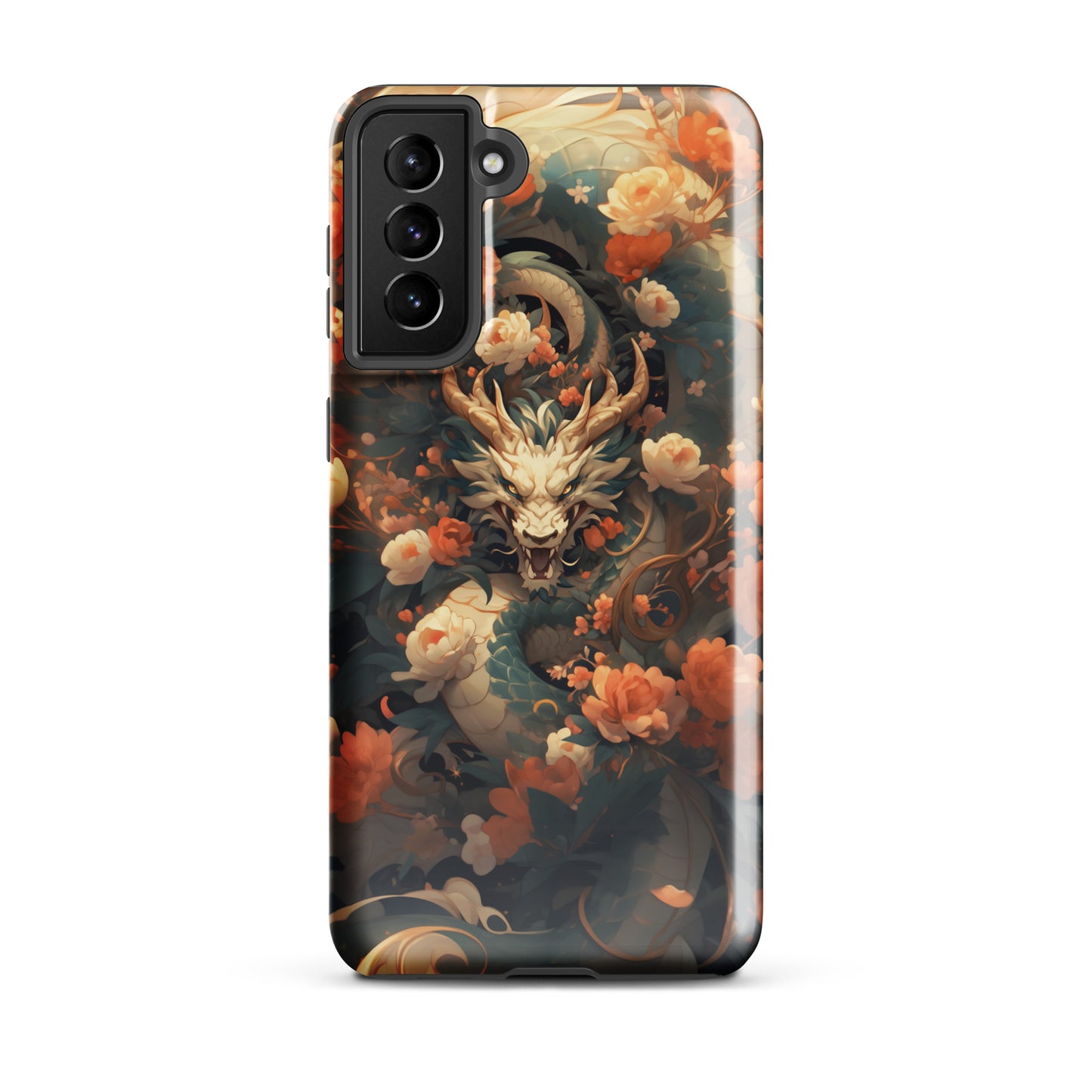 Coque solide pour Samsung® "Dragon blanc et fleurs"