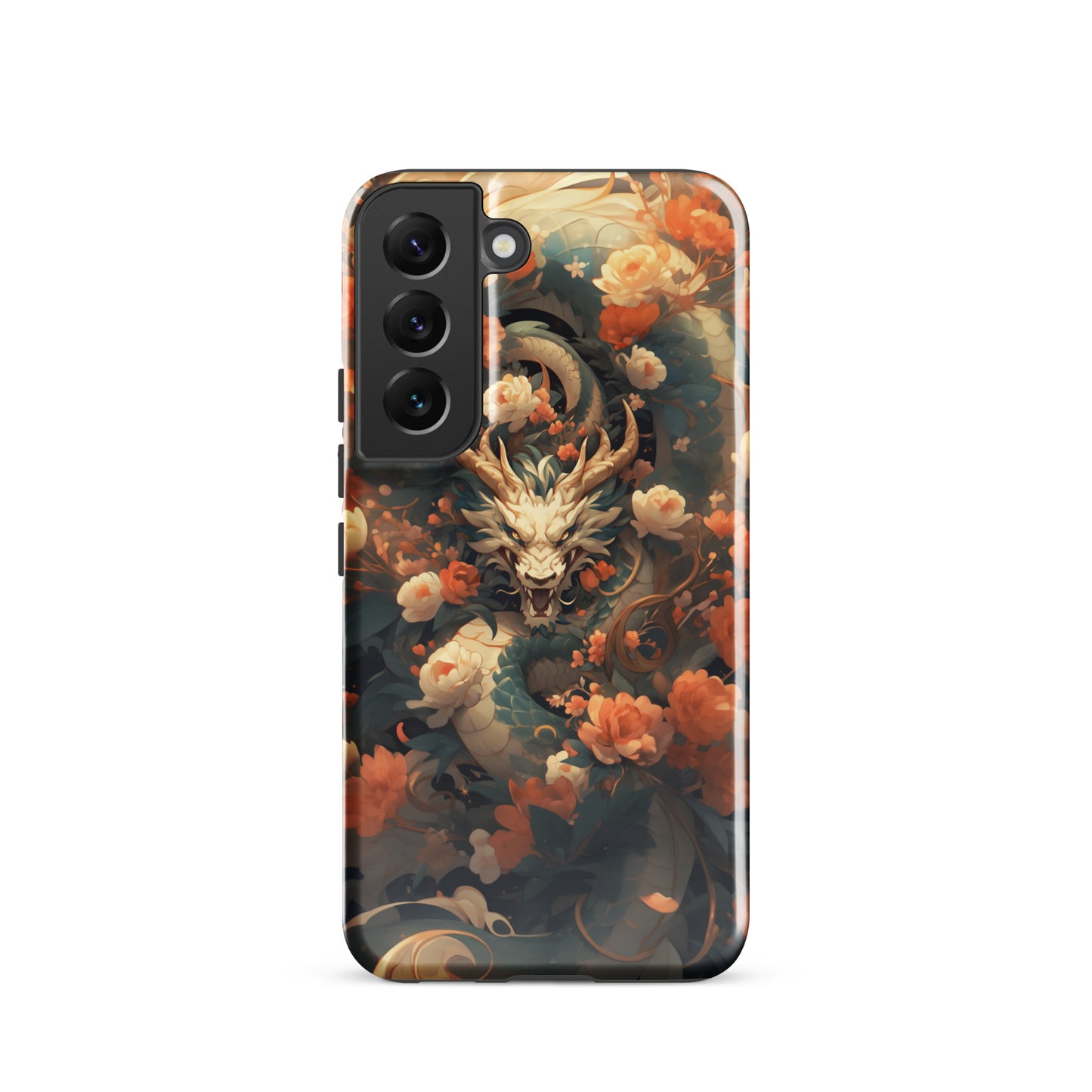 Coque solide pour Samsung® "Dragon blanc et fleurs"