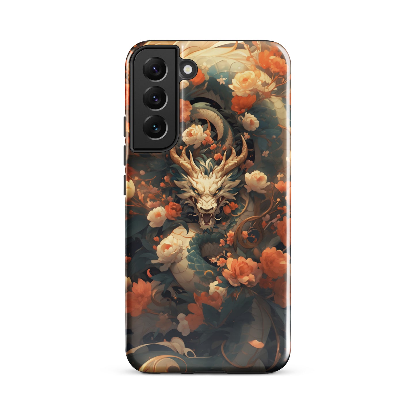 Coque solide pour Samsung® "Dragon blanc et fleurs"