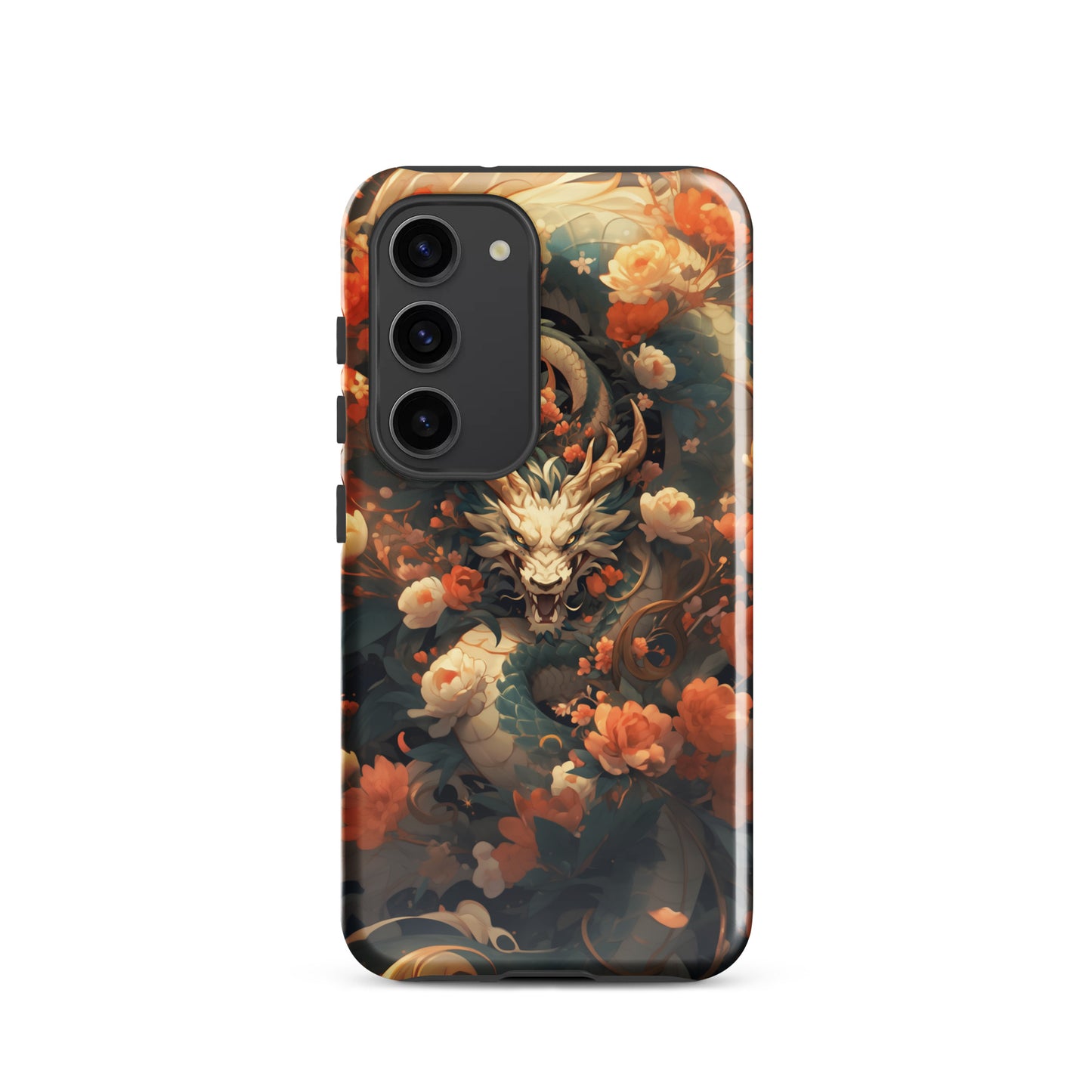 Coque solide pour Samsung® "Dragon blanc et fleurs"