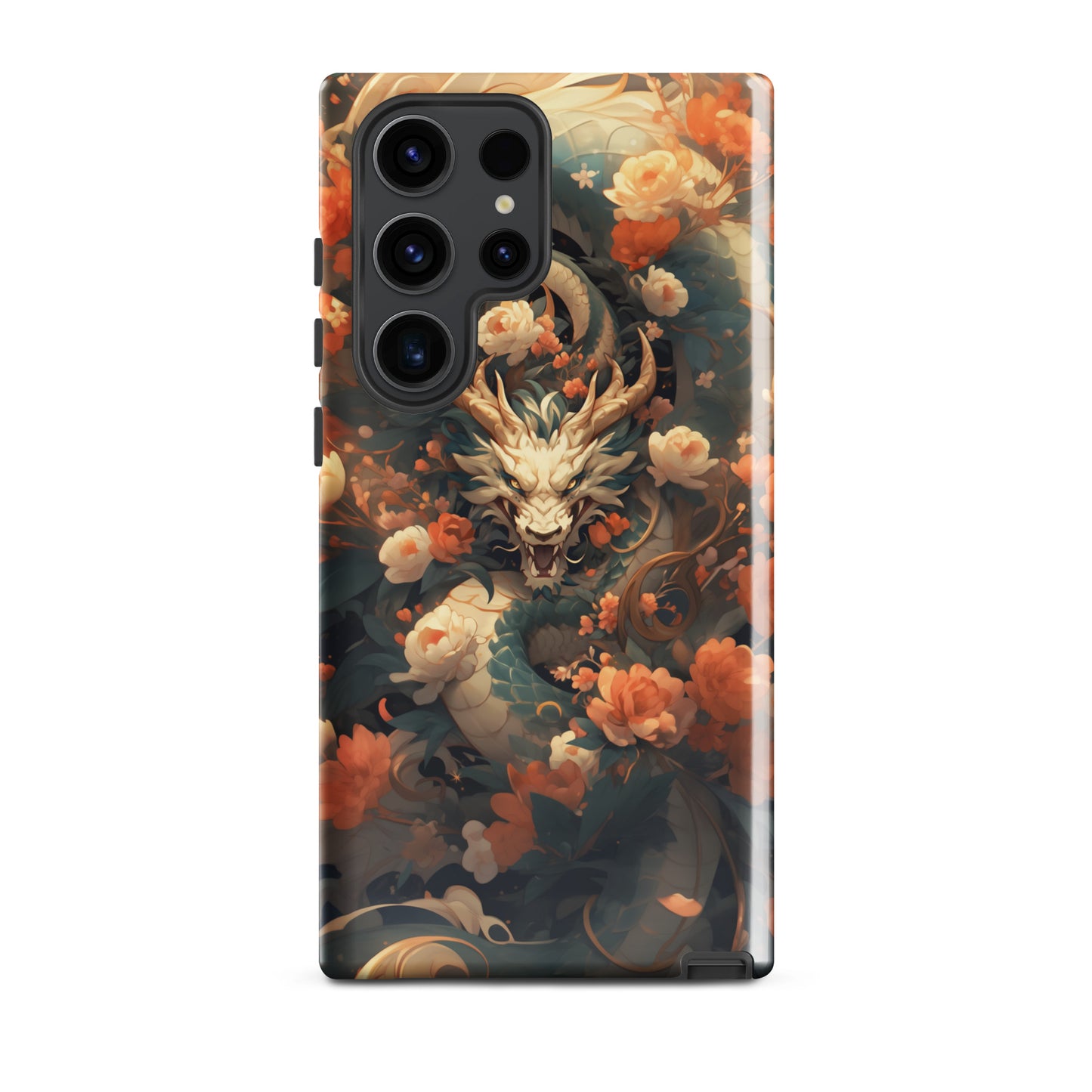 Coque solide pour Samsung® "Dragon blanc et fleurs"